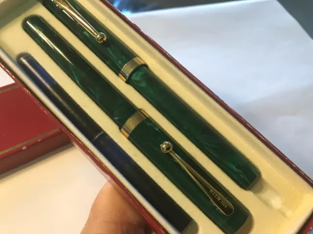 Vintage Sheaffer No Nonsense  Fountain & Ballpoint Set, Green Marble/Gt, Ex Con