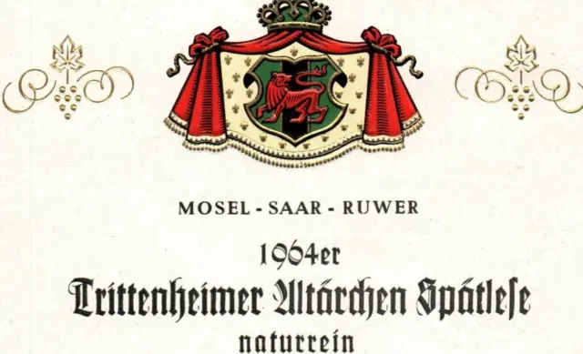 Lovely Emblem Mosel Saar Ruwer Trittenheimer 1950's-60's German Wine Label