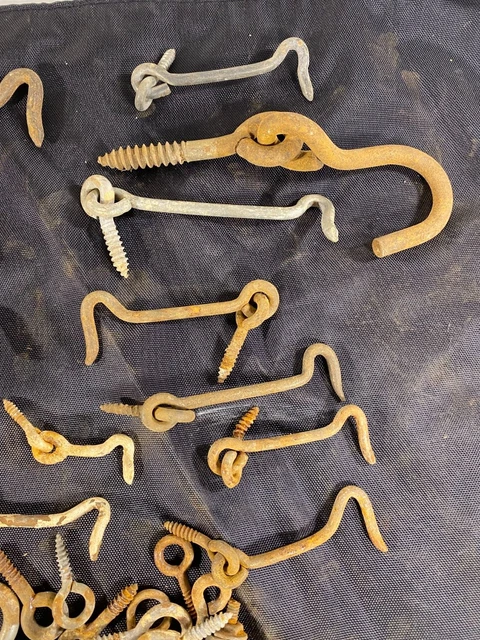Vintage lot Metal Door Latch Hooks Barn Gate Locks Eyelets Threaded Steel Catch 3
