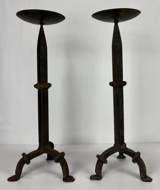 Pair Antique Arts & Crafts Hand Forged Wrought Iron 3 Legs Pricket Candlesticks