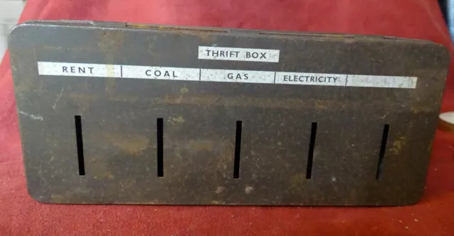 Vintage Metal Tin Thrift Box with 5 Slots Labels (No Key)