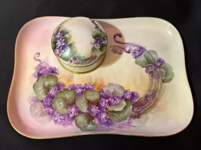 Antique Limoges Dresser Tray Hand Painted With Trinket Dish