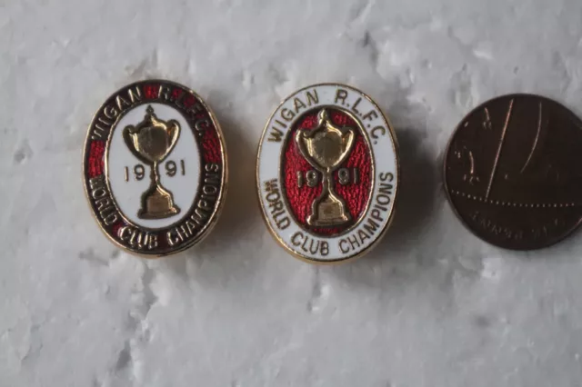 Two Wigan Rugby League Football Club enamel pin badges 1991 World Club Champions