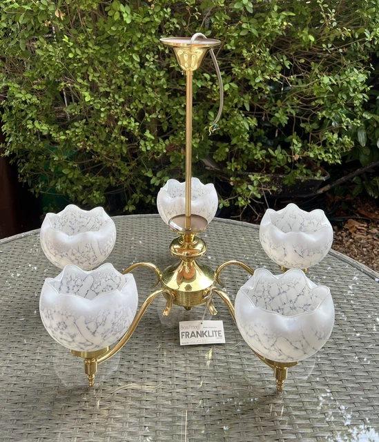 VTG Franklite 5 Arm Brass Chandelier Pendant White Marble Glass Ceiling Light