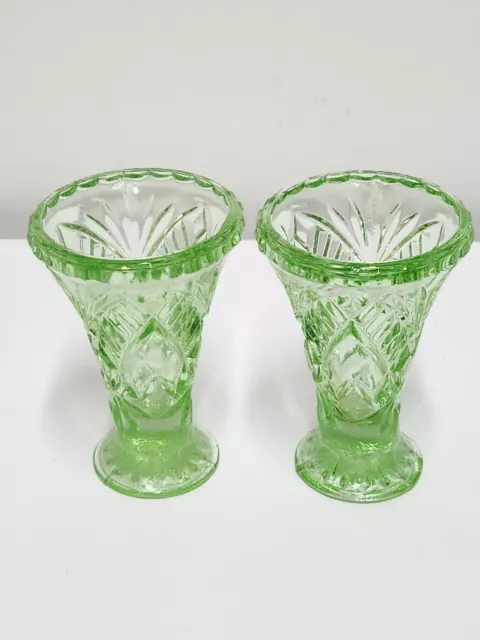 Depression green glass small vases x 2 (NOT uranium)