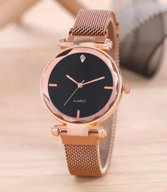 Ladies Women Quartz Watch Watches with MAGNETIC Strap... Rose Gold & Black UK