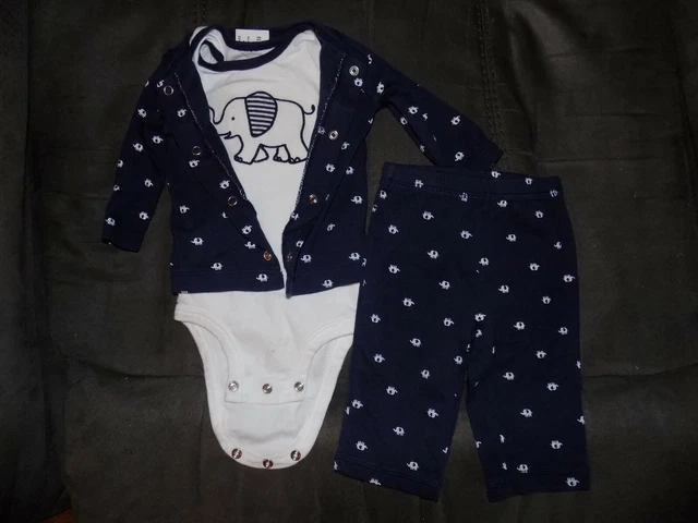 Carters Navy 3 Piece Outfit Set Elephant Theme Pants Bodysuit Top Size 3 Months
