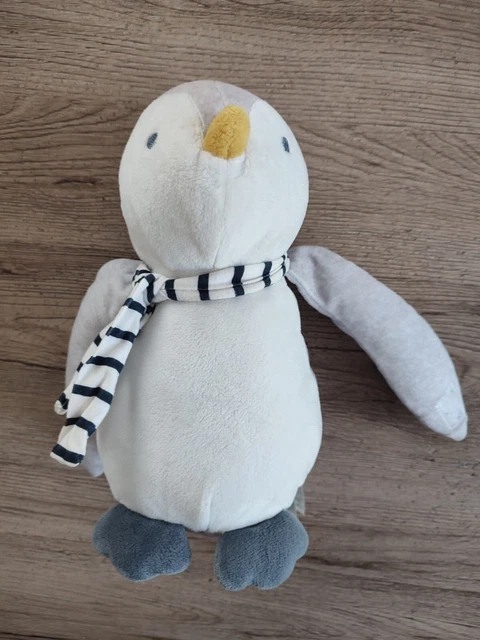 Doudou Peluche Okaidi Obaibi Pingouin Gris Echarpe Raye Bleu 27Cm