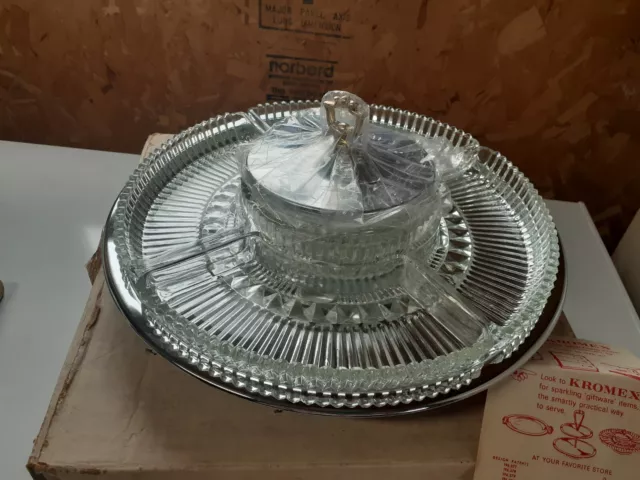 Vintage Kromex Glass Chrome Lazy Susan Serving Tray- New OPEN BOX