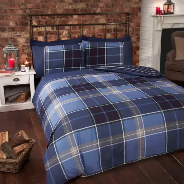 Blue Duvet Covers Tartan Check Reversible Easy Care Quilt Cover Bedding Sets