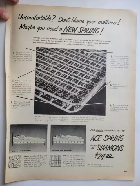 Simmons Mattress Ace Spring Original 1940s Print Ad ~10x14"