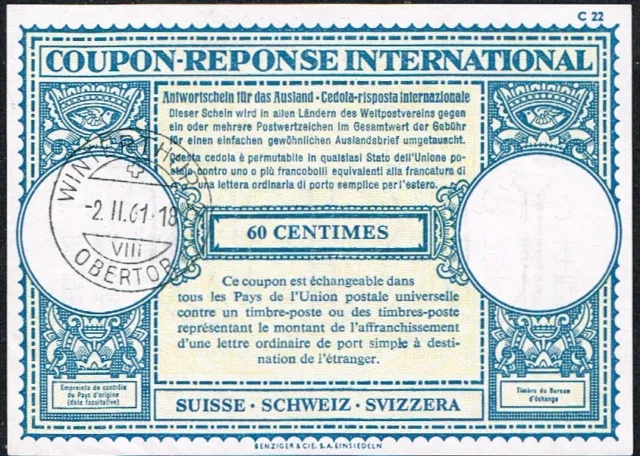 Irc International Reply Coupon Switzerland 1961 Wintterthur Ps Stationery
