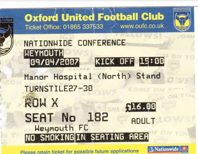 Ticket - Oxford United v Weymouth 09.04.07