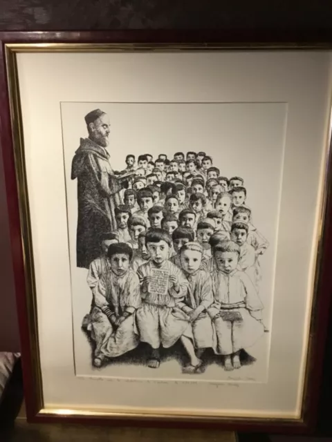 Litho dédicacée et signée Benjamin Derry Groupe d’enfants Maître Rabbin Judaica