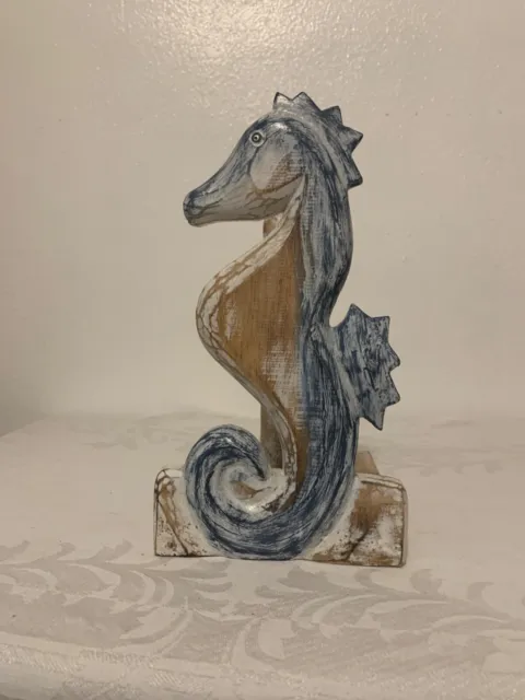 Sea Horse Paper Towel Holder, Coastal, Wood, Hand Carved, Sea Life, Dark Blue