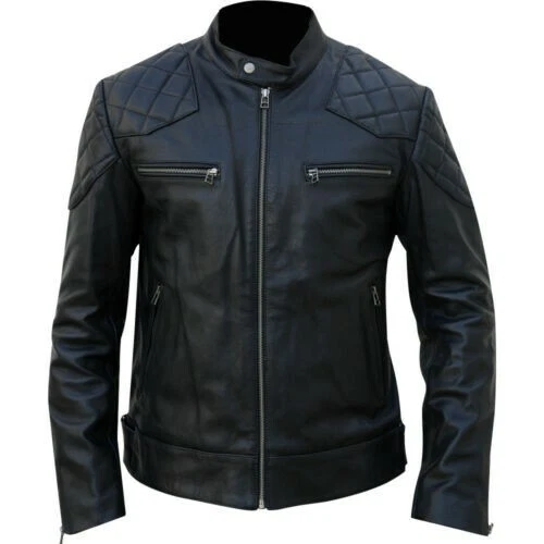 Mens Black David Beckham Real Leather Biker Jacket Vintage Cafe Racer Slim Fit