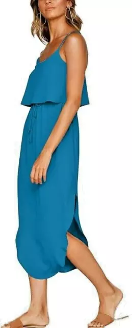 Nerlerolian Blue Strappy Midi Dress Elastic Waist Flowy Summer Beachy Women's XL