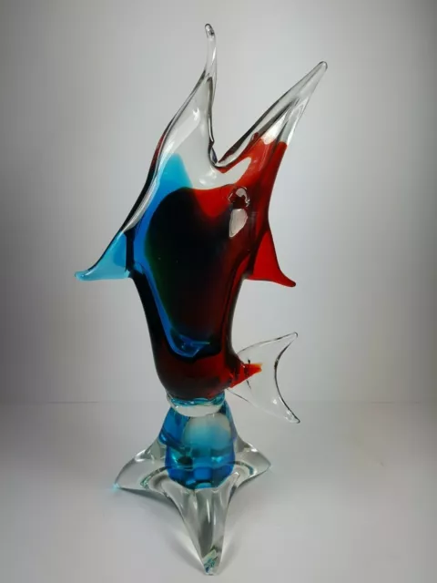 Splendid Retro Vintage Heavy Murano Glass Blue & Red Fish Vase / Ornament 13.5"