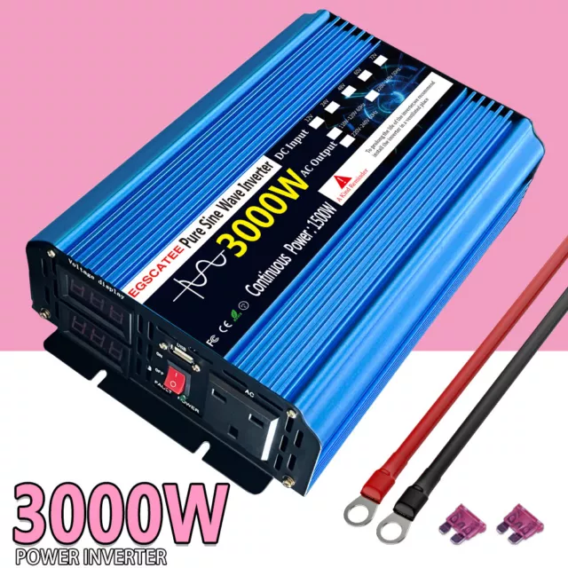 DC 12V 1500W 3000W Pure Sine Wave Power Inverter Converter  to 240V USB LCD UK