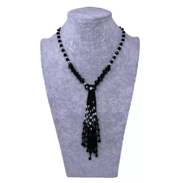 Collier Long Perles Femme Franges Mode Élégant Modèle Classique Brillant Noir