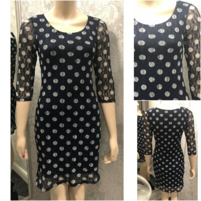 New Ex Phase Eight Navy With White Spot Lace Bodycon Stretch Short Dress 10-18