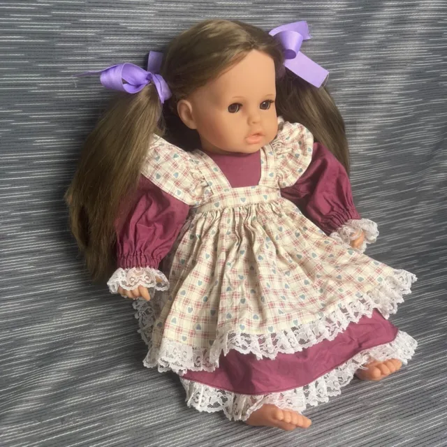 Vtg Zapf Creation Baby Doll Brunette Pigtails Brown Eyed Vinyl & Cloth 20" 3