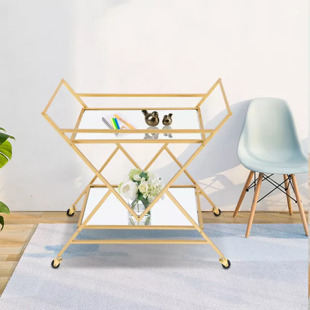 2 Tier Storage Trolley Metal Frame Moveable Cart Tempered Glass Shelves Kitchen