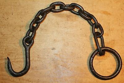 Antique Wrought Iron Hook on Length of Chain Beam Iron Ring 20" Inches