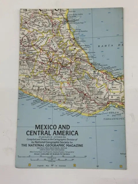 National Geographic Magazine, Folded Paper  Map, Mexico & Central America, 1961