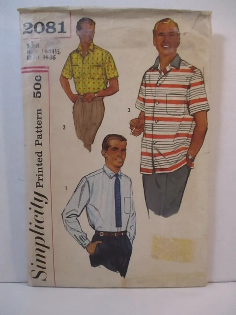 Vintage Simplicity Pattern 2081 Men's Size Small Shirt Long Short Sleeves Cut