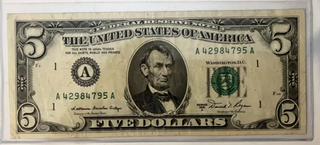 1981 A $5 Five Dollar Bill Federal Reserve Note Boston “A”