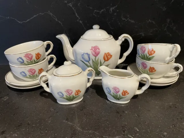 Japan Vintage Tea Spring Set Childs 13 Piece  With Tulips Design