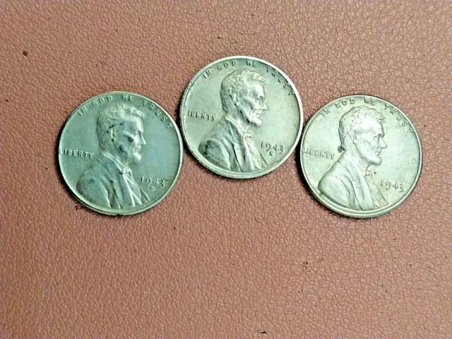 1943 P D S Lincoln Steel Wheat Cent Penny Set of 3 Coins Lot # 50 100 500