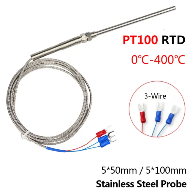 PT100 RTD Temperature Sensor 3-Wire Resistance Thermometer 400℃ 5*50/100mm Probe