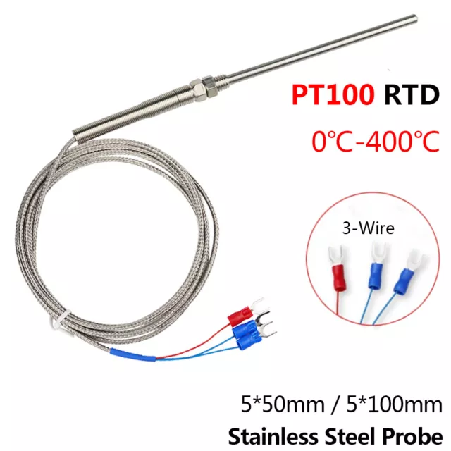 PT100 RTD Temperature Sensor Resistance Thermometer 3-Wire 400℃ Probe 5*50/100mm