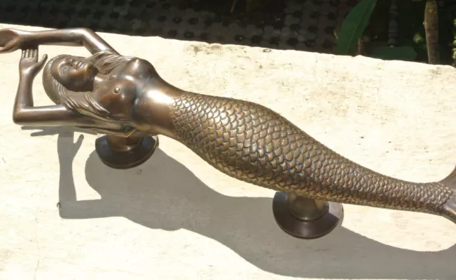 large MERMAID solid brass door PULL old style heavy house PULL handle 15" aged B