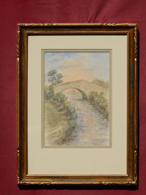 Stone Bridge over River, 1984, Original Watercolor painting, Signed: Thomas