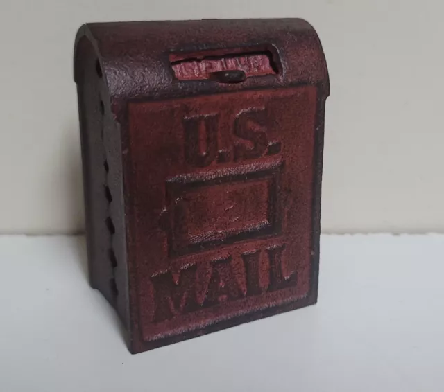 Bank Antique Cast Iron Still US Mail Box Red Letters Hinged Slot