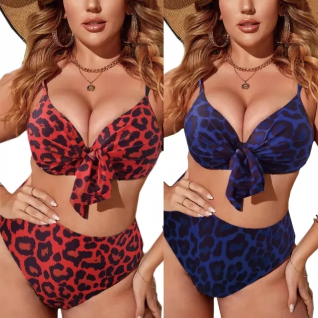 Womens Leopard Print Big Size Bikini Set 2 Piece Tie Knot Front Bras and Thongs