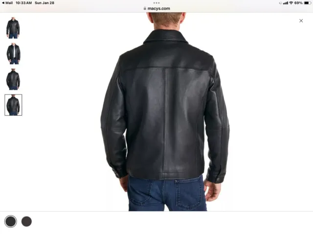 Perry Ellis Portfolio Men's Black Leather Jacket Size Large Mid Length Quilted