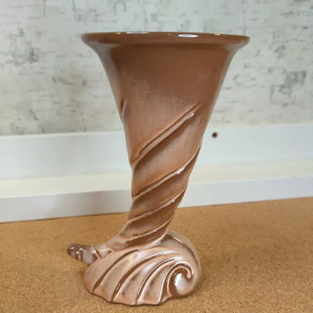 Brown Frankoma Pottery swirl curved Cornucopia Horn Vase Mid Century MCM