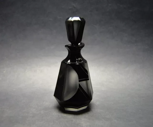 Vtg Czech Art Deco perfume bottle , Frosted Glass Black Enamel Karl Palda