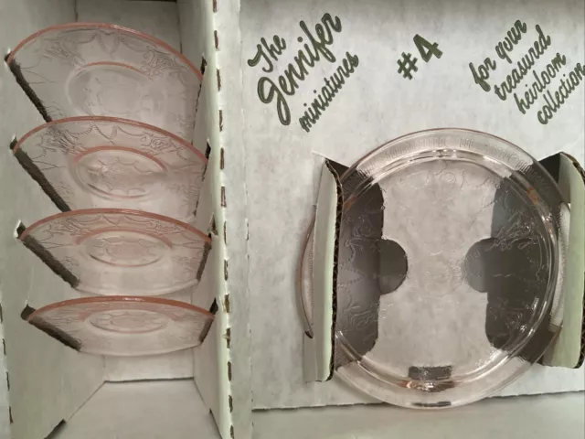 Mosser Glass Pink Depression Jennifer Set #4 w Box Miniature Cake Plates A+ COND