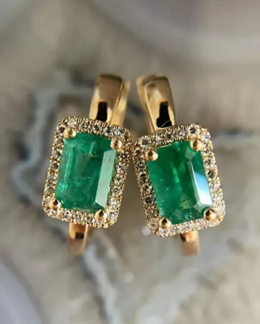 14K Yellow Gold Plated 3Ct Emerald Lab Created Green Emerald Huggie Hoop Earring