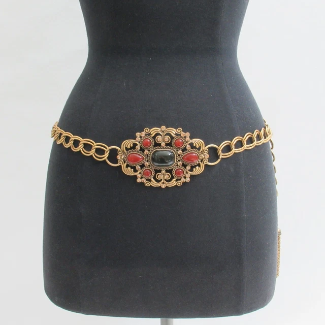 Chicos Waist Belt Women Small Brass Medallion Stone Chain Adjustable Side Tassel