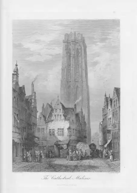 Kathedrale von Mecheln Marktplatz STAHLSTICH um 1860 Cathedral Belgien Flandern
