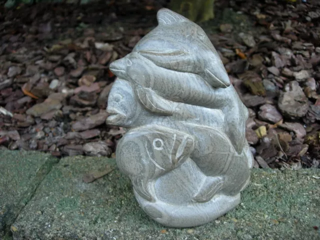 Lovely Hand Carved Stone Fish Mountain - Signed