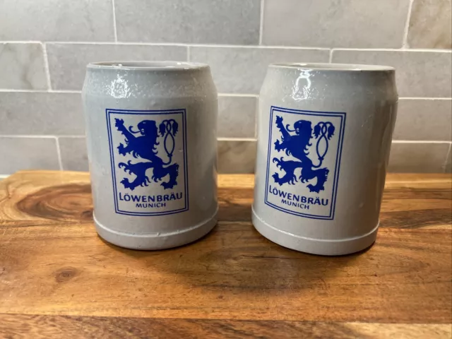 Two Lowenbrau Beer Steins Salt Glaze Stoneware Mug 0.5 Liters Made in Germany