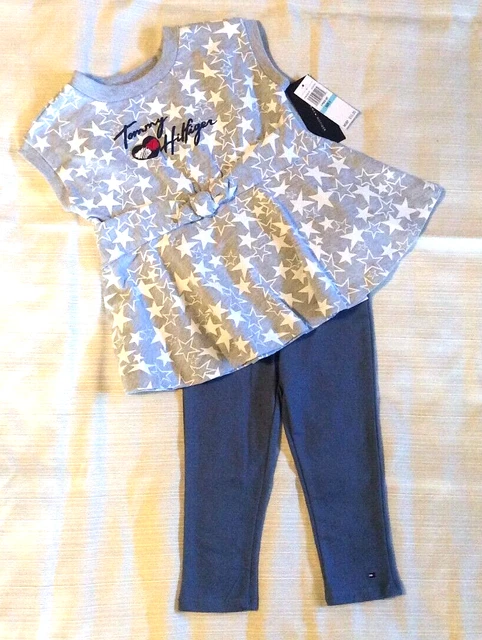 TOMMY HILFIGER 2 Piece Set Gray Shirt Blue Stretch Pants Stars Girls 5 NWT $55