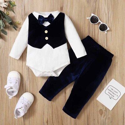 Newborn Baby Boys Gentleman Long Sleeve Bowtie Romper Tops Pants Outfits Clothes